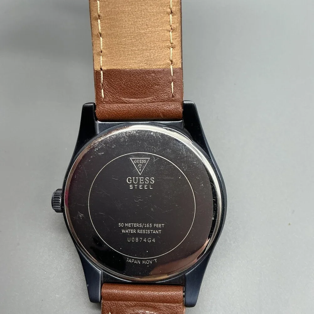 Guess Steel U0874G4 Mens Watch 40mm Blue Dial Brown Leather Date New Battery